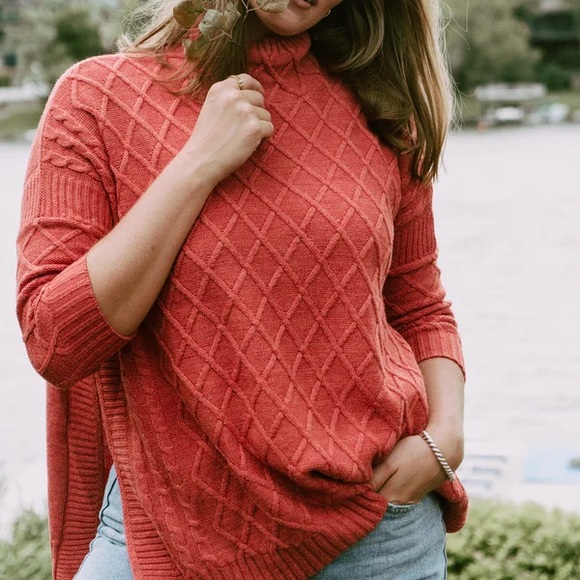 Mer Sea Sweaters - Mer Sea Red Lisbon Traveler Lattice Knit Turtleneck Pullover Sweater One Size